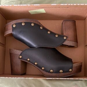 Madewell Black Leather Studded Clogs with Wood Block Heel